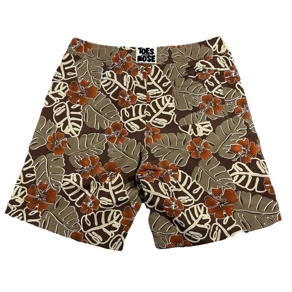 Toes on the‎ Nose Mens FloralPrint Boardshorts Trunks Size 36 brown Made In Usa
